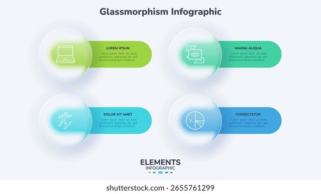 Vector illustration. Glassmorphism infographic template shows four steps. Circular elements with green and blue translucent blur effect. Data visualization.