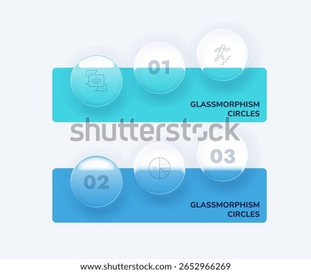 Vector illustration. Glassmorphism infographic template with numbered circles and icons on two rectangular bars. Business data visualization for modern presentation design.