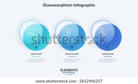 Vector illustration. Glassmorphism infographic with three circles and icons. Minimal liquid glass effect. Template for presentation slide.