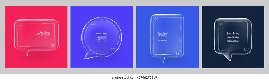 Vector illustration. Glassmorphism quote templates. 3D transparent speech bubbles with frosted glass effects. Vibrant gradient backgrounds. Design for social media template, blog post, marketing, ad