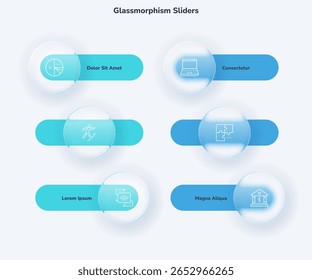 Ilustração vetorial. Design de controles deslizantes de vidro com ícones e espaço reservado para texto para apresentação de layout de página da Web de visualização de dados.
