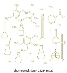 Vector illustration with glassware flasks, burner, equipment stand, chemical formulas. Laboratory equipment. Education. Science day. Chemistry, biology, medicine, pharmacy, experiment.