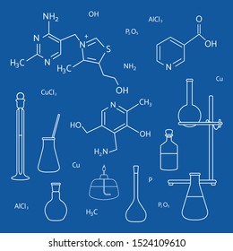 Vector illustration with glassware flasks, burner, equipment stand, chemical formulas. Laboratory equipment. Education. Science day. Chemistry, biology, medicine, pharmacy, experiment.