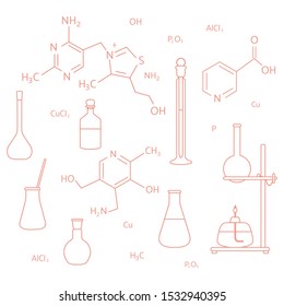 Vector illustration with glassware flasks, burner, equipment stand, chemical formulas. Laboratory equipment. Education. Science day. Chemistry, biology, medicine, pharmacy, experiment.