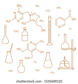 Vector illustration with glassware flasks, burner, equipment stand, chemical formulas. Laboratory equipment. Education. Science day. Chemistry, biology, medicine, pharmacy, experiment.