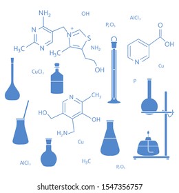 Vector illustration with glassware flasks, burner, equipment stand, chemical formulas. Laboratory equipment. Education. Science day. Chemistry, biology, medicine, pharmacy, experiment.