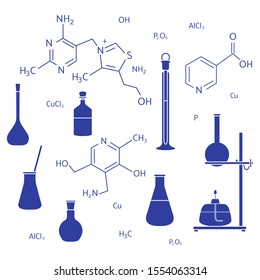 Vector illustration with glassware flasks, burner, equipment stand, chemical formulas. Laboratory equipment. Education. Science day. Chemistry, biology, medicine, pharmacy, experiment.