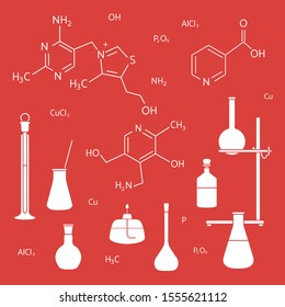 Vector illustration with glassware flasks, burner, equipment stand, chemical formulas. Laboratory equipment. Education. Science day. Chemistry, biology, medicine, pharmacy, experiment.