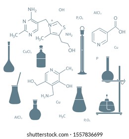Vector illustration with glassware flasks, burner, equipment stand, chemical formulas. Laboratory equipment. Education. Science day. Chemistry, biology, medicine, pharmacy, experiment.