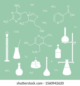 Vector illustration with glassware flasks, burner, equipment stand, chemical formulas. Laboratory equipment. Education. Science day. Chemistry, biology, medicine, pharmacy, experiment.