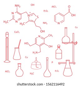 Vector illustration with glassware flasks, burner, equipment stand, chemical formulas. Laboratory equipment. Education. Science day. Chemistry, biology, medicine, pharmacy, experiment.