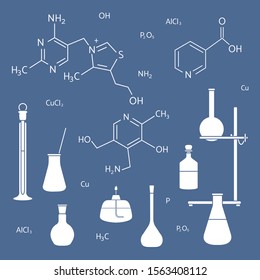 Vector illustration with glassware flasks, burner, equipment stand, chemical formulas. Laboratory equipment. Education. Science day. Chemistry, biology, medicine, pharmacy, experiment.