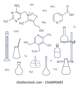 Vector illustration with glassware flasks, burner, equipment stand, chemical formulas. Laboratory equipment. Education. Science day. Chemistry, biology, medicine, pharmacy, experiment.