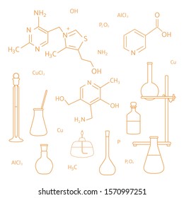 Vector illustration with glassware flasks, burner, equipment stand, chemical formulas. Laboratory equipment. Education. Science day. Chemistry, biology, medicine, pharmacy, experiment.