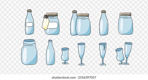 Vector Illustration of Glassware Set on Transparent Background in cartoon Style
