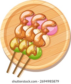 Vector illustration of glazed dango skewers, vibrant colors, top view, wooden plate background