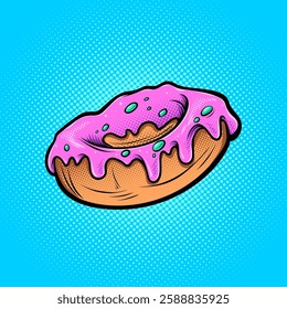 Vector illustration of a glazed donut with halftone shadows