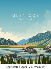 Vector illustration. Glen Coe Scotland. Travel poster, banner, postcard, cover. Modern design, tourism, travel, nature.