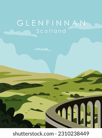 Vector illustration Glenfinnan, Scotland. Design for poster, banner, postcard, cover design, travel guide, book cover, notebook cover. Nature. Tourism.