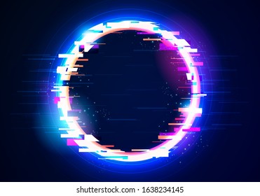 Vector illustration glitch circle frame. Abstract tv distorted signal chaos, glitched ring with distortion light effect.