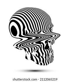 Ilustración vectorial del cráneo deformado de glitch en franjas blancas y negras aisladas sobre fondo blanco.