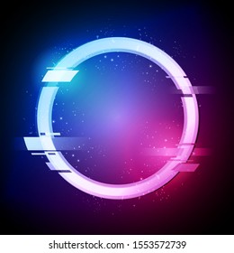 Vector Illustration Glitched Circle In Retro Neon Style. Modern Distorted Glitch Ring Design.