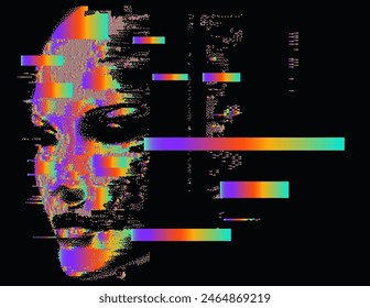 A vector illustration of a glitched human face emerging out of vivid stripes-like visual disturbances. 