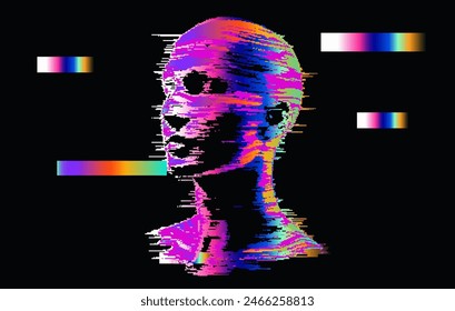 A vector illustration of a glitched human face emerging out of vivid stripes-like visual disturbances. 