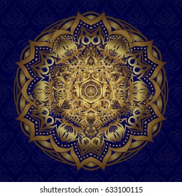 Vector illustration. Glitter Golden Star. Abstract Mandala on a blue background.