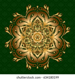 Vector illustration. Glitter Golden Star. Abstract Mandala on a green background.
