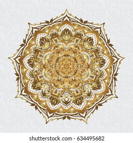 Vector illustration. Glitter Golden Star. Abstract Mandala on a gray background.