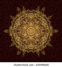 Vector illustration. Glitter Golden Star. Abstract Mandala on a brown background.