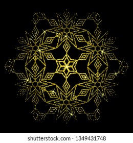 Vector illustration of glitter mandala made from golden dust on the black background.