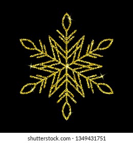 Vector illustration of glitter snowflake made from golden dust on the black background.