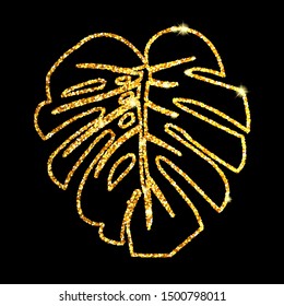 Vector illustration.  Glitter texture gold tropical line leaf monstera on black background.