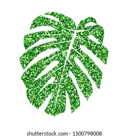 Vector illustration.  Glitter texture green tropical leaf monstera isolated on white background.