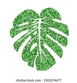Vector illustration.  Glitter texture green tropical leaf monstera isolated on white background.