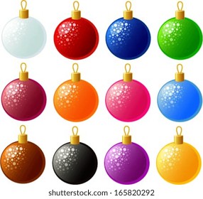 Vector illustration of glittering christmas tree ornaments in different colors.