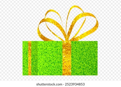 Vector illustration of glittering gift box with ribbon bow on transparent background