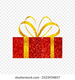 Ilustración vectorial de caja de regalo brillante con lazo de cinta sobre fondo transparente
