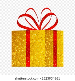 Vector illustration of glittering gift box with ribbon bow on transparent background