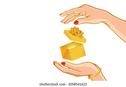 Vector illustration of glittering golden gift box was opening, floating between hand of fortune teller girl, conjuring up, prediction, on white, Open christmas gift boxes, happy new year concept.
