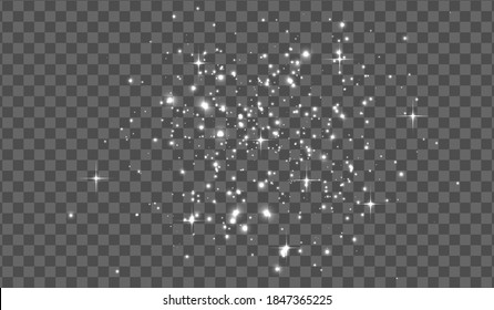 Vector illustration. Glitters on a transparent background. Christmas theme. White sparks and stars sparkle with a special light effect. Glittering particles of fairy dust fall to the floor.