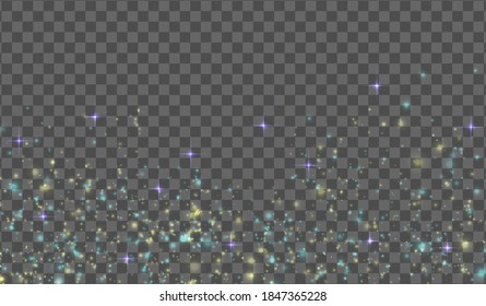 Ilustración vectorial. Glitters sobre un trasfondo transparente. Tema de Navidad. Las chispas blancas y las estrellas brillan con un efecto luminoso especial. Partículas brillantes de polvo de hadas caen al suelo.