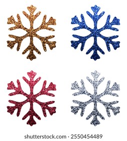 Ilustração vetorial de flocos de neve dourados, azuis, vermelhos e prateados brilhantes com desenhos elegantes sobre um fundo branco.