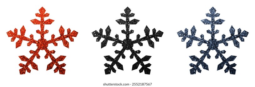 Ilustración vectorial de brillantes copos de nieve rojos, negros y azules con diseños únicos y texturas brillantes sobre un fondo blanco.