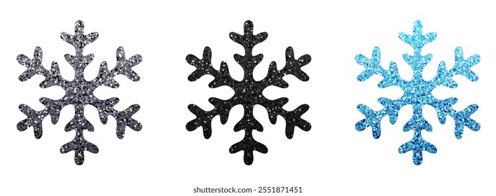 Ilustración vectorial de brillantes copos de nieve plateados, negros y azules con Formas distintivas y textura brillante.