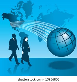 A vector illustration of a global background with a silhouette of a man and a woman.