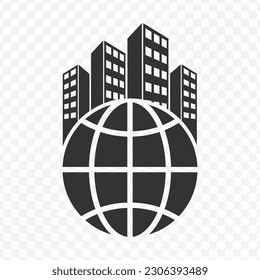 Vector illustration of global building icon in dark color and transparent background(png).