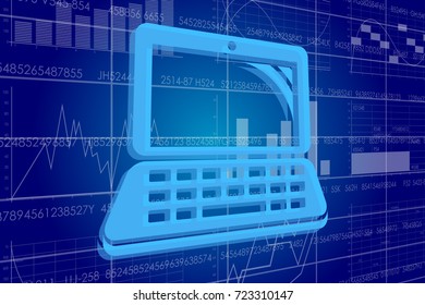 Vector illustration of the global business and digital technologies. Computer on the background of the scoreboard with stock charts.